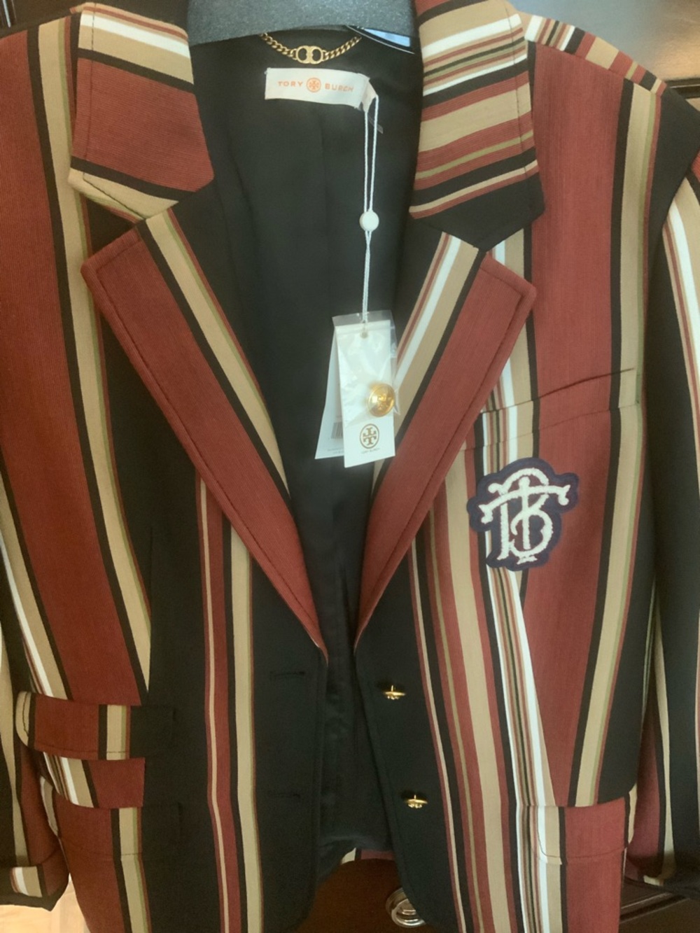 Tory Burch Striped Blazer in Burgundy, Black, Cream